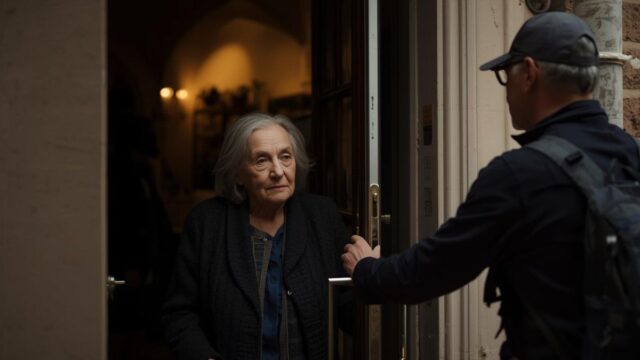 Dona gran obrint la porta a un tèncic de la llum.