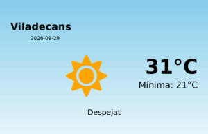 AEMET: El temps per a Viladecans – 29 de Agost de 2026